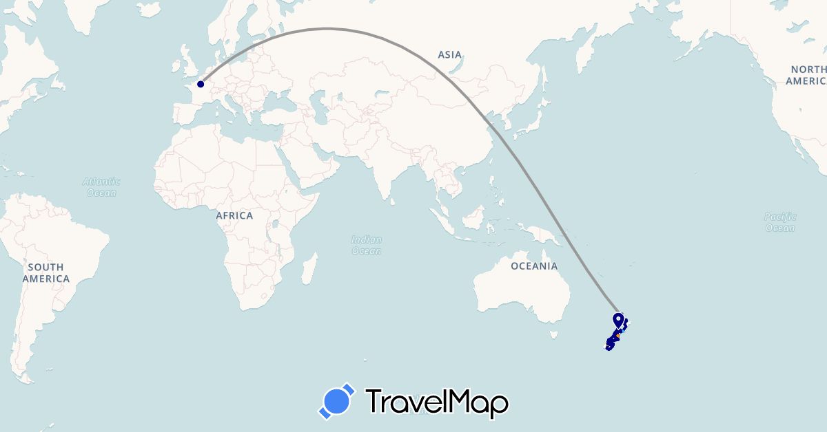 TravelMap itinerary: driving, bus, plane, hiking, boat, hitchhiking in China, France, New Zealand (Asia, Europe, Oceania)